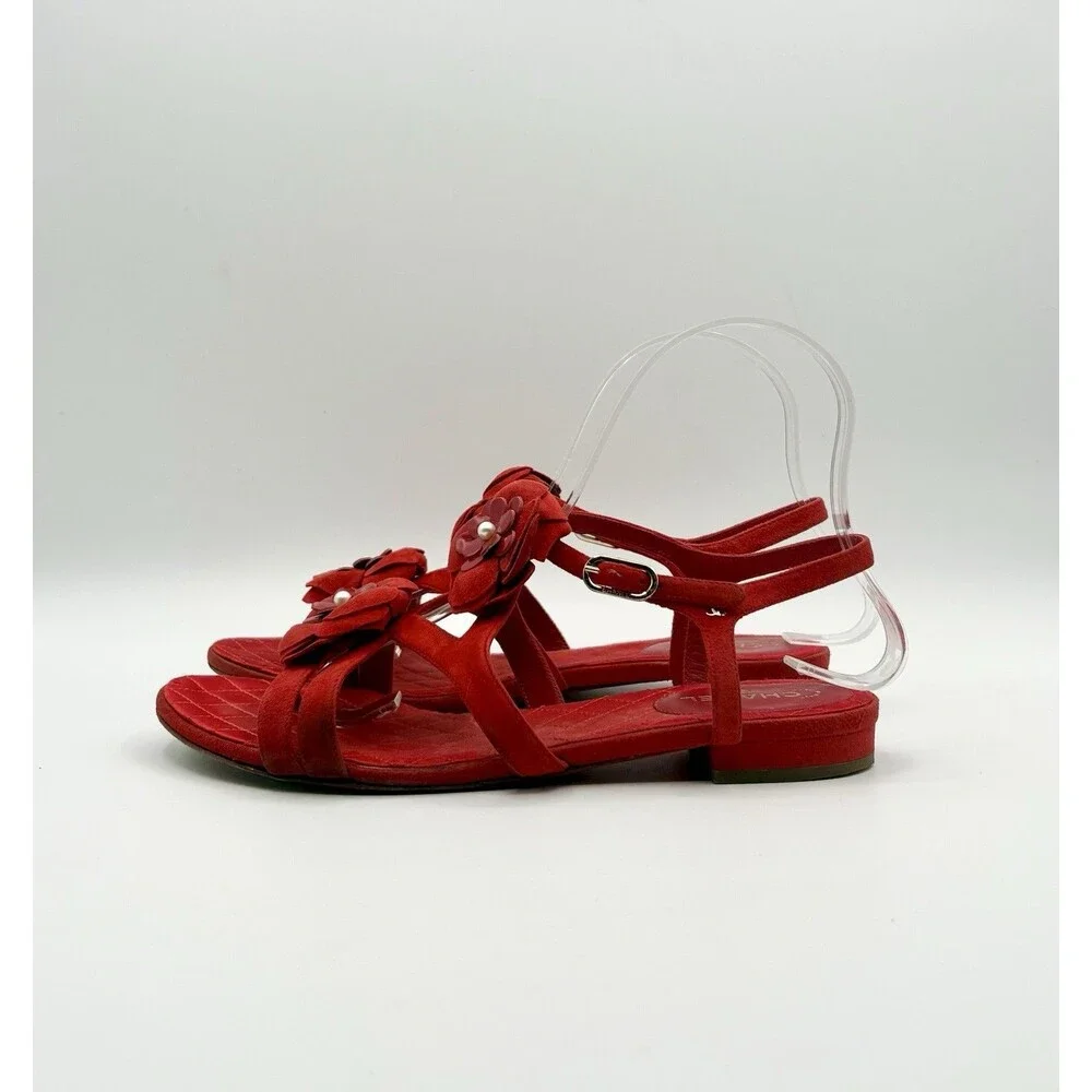 Chanel Red Suede Sandals w/ Camelia Flower Accents Pearls T Strap Size EU 37